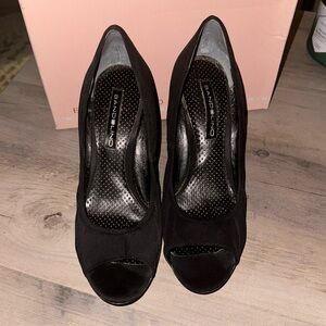 Bandolino Black Satin Peep Toe Wedge 9M